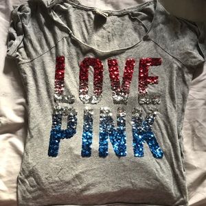 Loose oversized red, white and blue sequined shirt